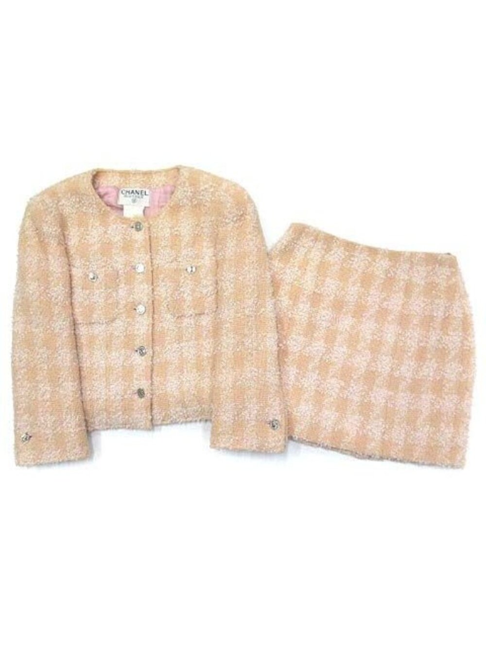 Chanel Vintage CC Logo Silver Button Tweed Skirt Suit Top and Bottom Set